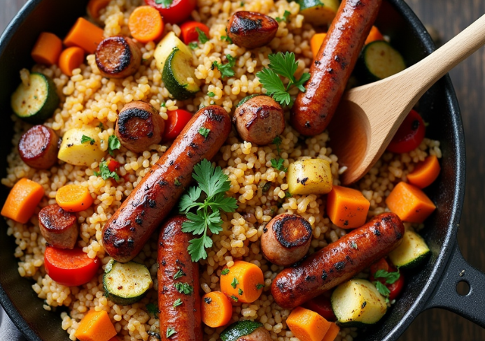 poêlée riz chipolatas légumes