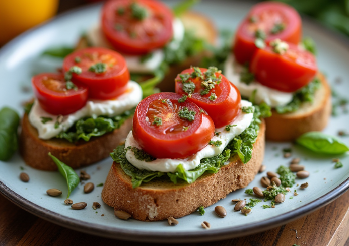 Bruschettas aux tomates confites et burrata