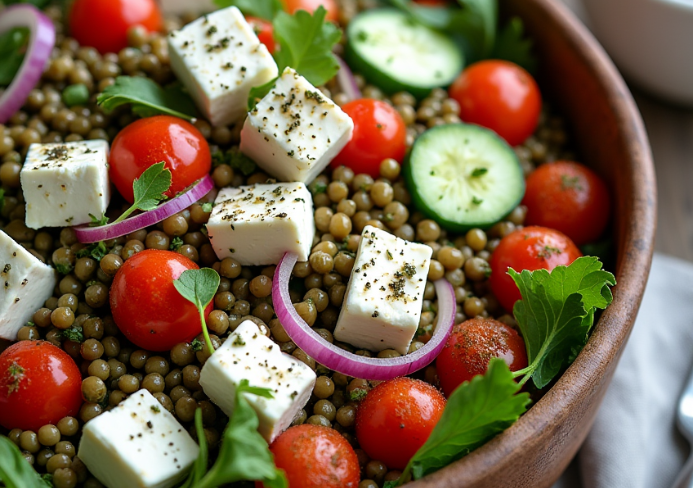 Salade de lentilles et feta marinée