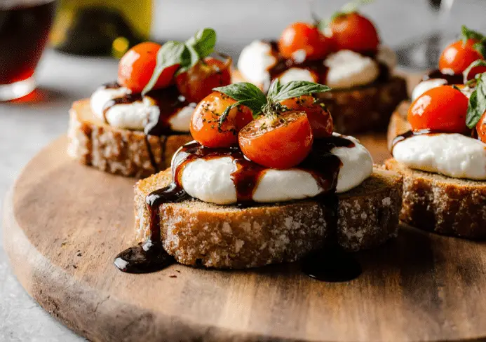 Burrata sur Pain Grillé avec Tomates Rôties