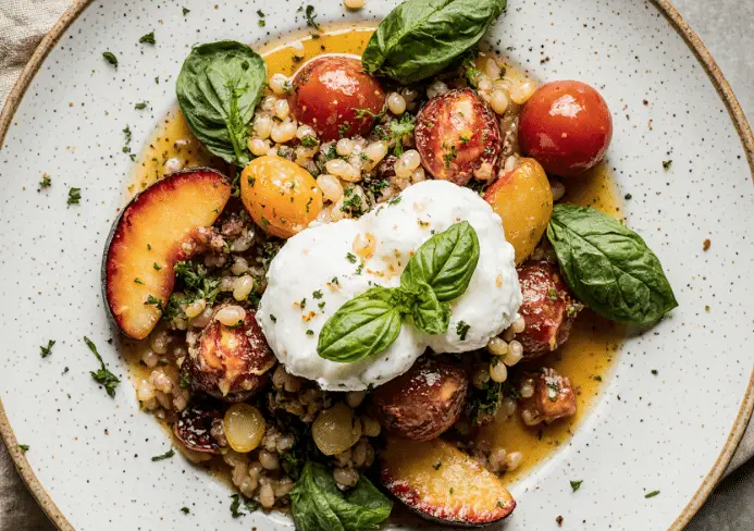 salade de tomates, pêches et burrata