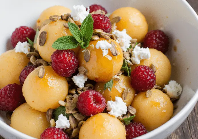 Salade fraîcheur au melon et framboises