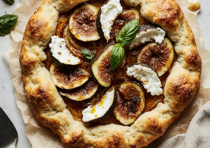 Tarte rustique aux figues, chèvre frais & oignons confits