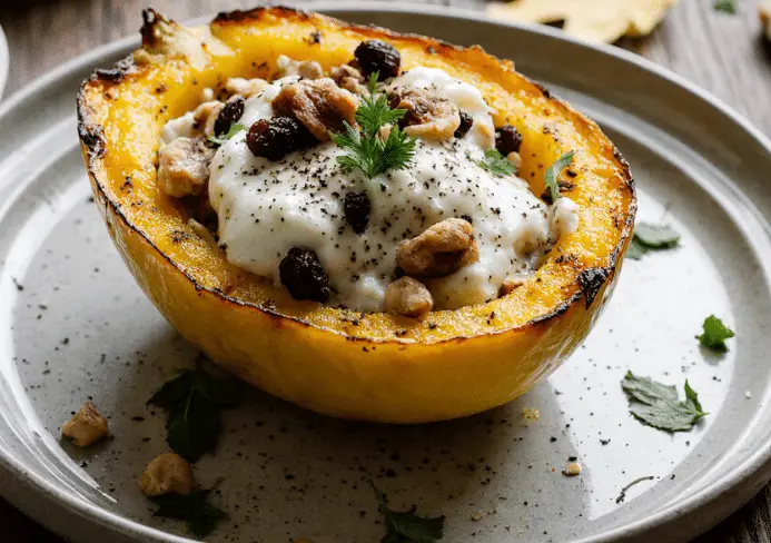 Pâtisson farci au chèvre, noix et raisins secs