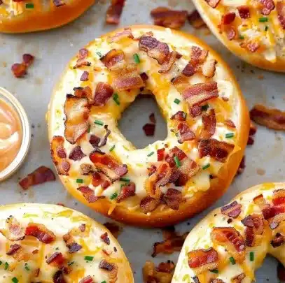 Bagels crémeux garnis de bacon et de fromage cheddar fondant.