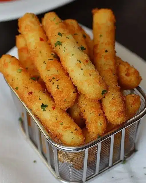Bâtonnets de pommes de terre croustillants avec fromage fondu.