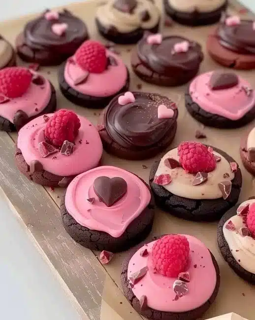 Biscuits ganache décorés pour la Saint-Valentin avec des cœurs en chocolat.