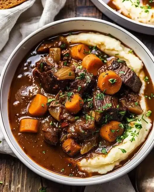 Plat de Boeuf Bourguignon avec légumes et vin rouge, prêt à déguster.