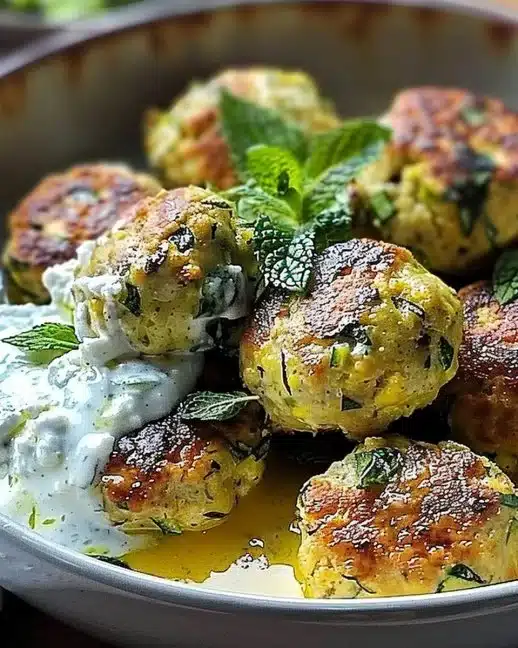 Boulettes de courgettes et feta servies avec sauce yaourt au curry et menthe