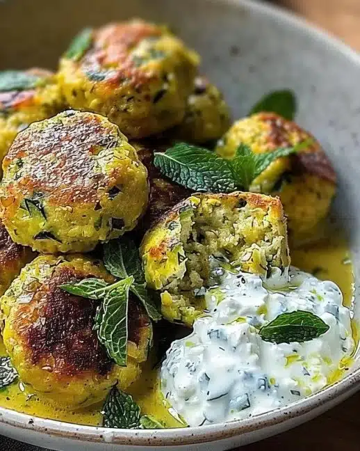 Boulettes de courgettes et feta servies avec sauce yaourt curry menthe