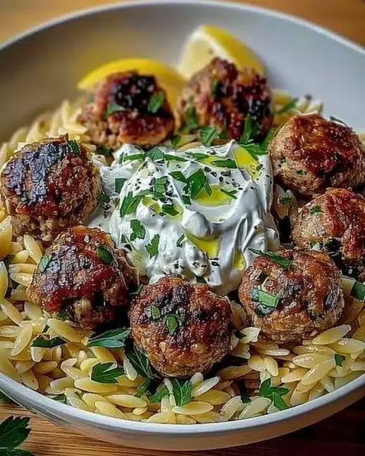Boulettes grecques servies avec orzo au citron et crème de feta