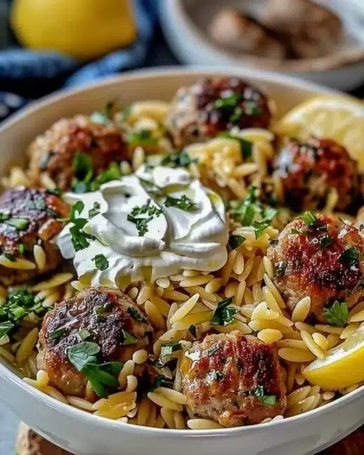 Boulettes Grecques servies avec Orzo et Crème de Feta sur une assiette