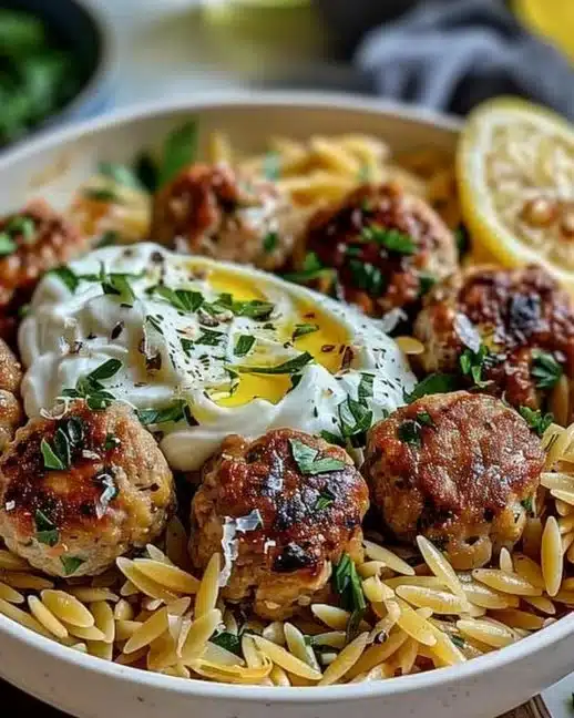 Boulettes grecques servies sur un lit d'orzo au citron