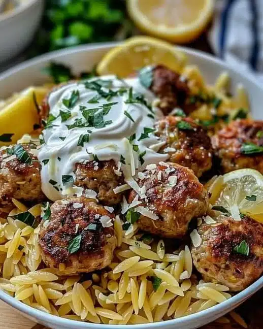 Boulettes méditerranéennes servies avec orzo citronné, plat coloré et savoureux