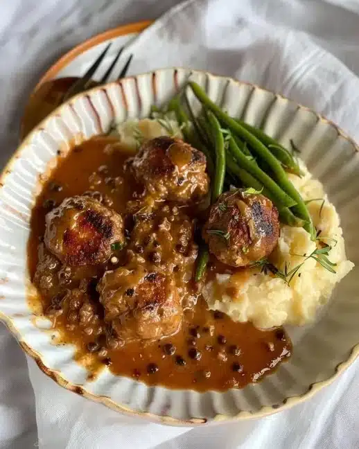 Boulettes sauce poivre servies dans une assiette garnie de garnitures fraîches