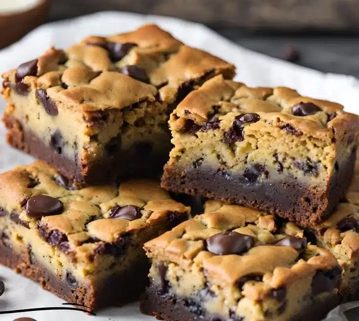 Délicieux brookie avec couches de brownie et biscuit chocolaté.