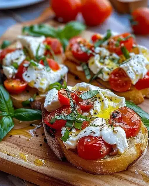 Bruschettas à la burrata garnies de tomates fraîches et basilic
