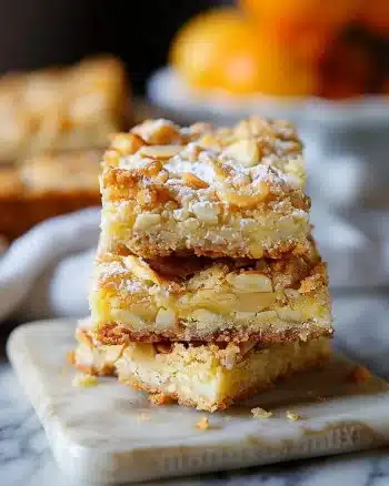 Carrés de crumble aux amandes présentés sur une assiette