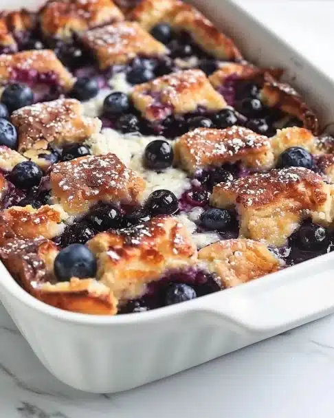 Casserole de pain perdu aux myrtilles prête à être servie.
