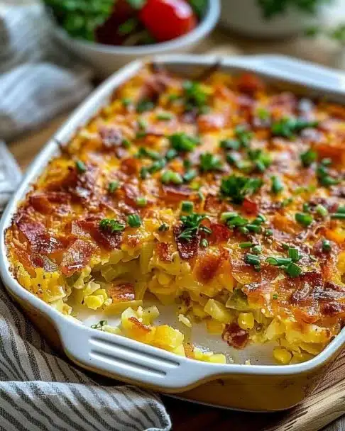 Casserole de hash browns dorés et garniture crémeuse, plat de petit-déjeuner délicieux.