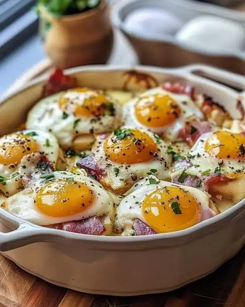 Casserole d'œufs Bénédicte garnie de sauce hollandaise et d'herbes fraîches