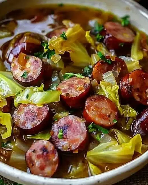 Plat de chou vert braisé aux saucisses fumées, délicieux et réconfortant.