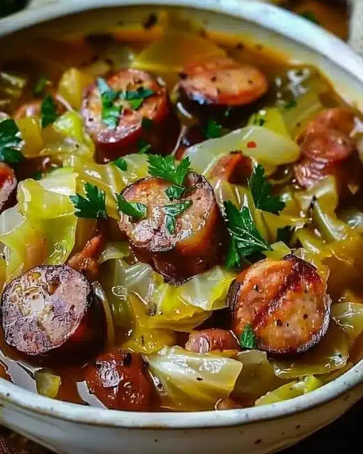 Plat de chou vert braisé avec saucisses fumées