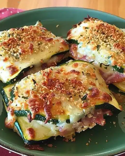 Cordon-Bleu de Courgette croustillant et doré, servi avec une garniture.