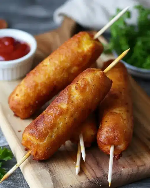 Corn dogs croustillants avec ketchup et moutarde sur une assiette