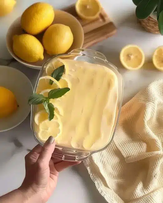 Crème de citron servie avec un sirop de citron rafraîchissant.
