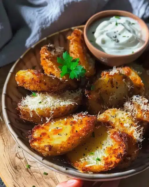 Pommes de terre croustillantes au parmesan servies dans une assiette