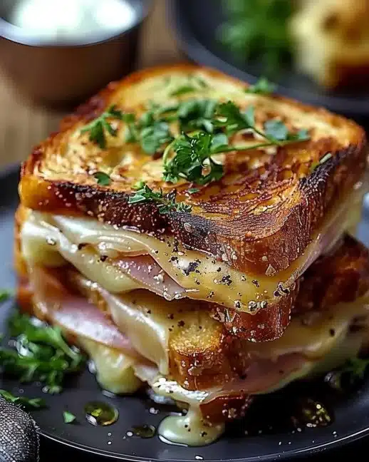 Croque-Monsieur au four avec fromage et jambon, plat savoureux et réconfortant