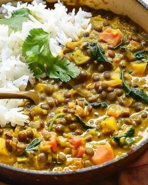 Curry de lentilles vertes au lait de coco, plat savoureux et réconfortant.