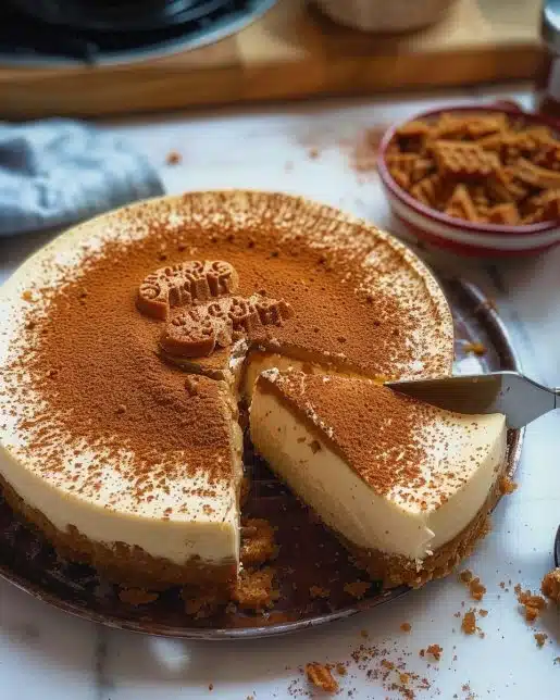 Gâteau au fromage Biscoff, crémeux et savoureux, garni de biscuits Biscoff.