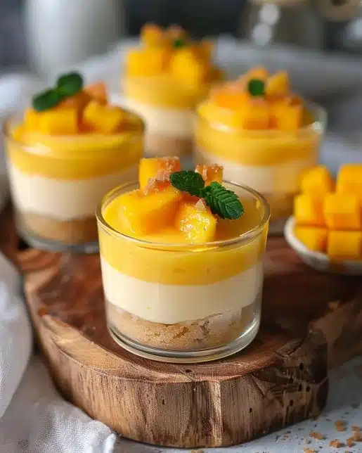 Coupes de cheesecake à la mangue sans cuisson, garnies de mangue fraîche
