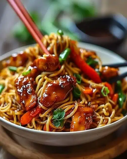 Nouilles sautées avec du poulet caramélisé, plat savoureux et généreux.
