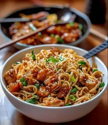 Nouilles sautées servies avec poulet caramélisé dans une assiette