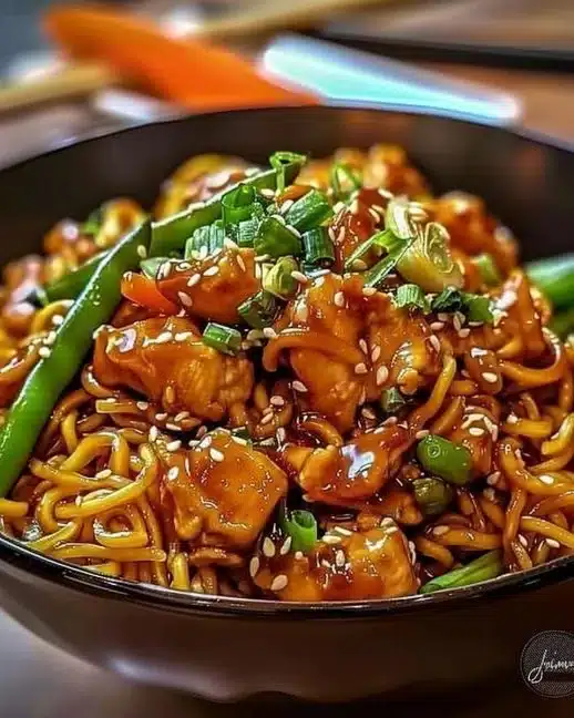 Nouilles sautées au poulet caramélisé savoureuses et appétissantes