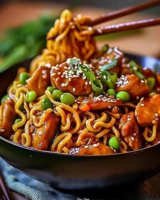 Plat de nouilles sautées au poulet caramélisé très appétissant