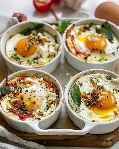 Recette d'oeufs à la feta au four, plat savoureux et sain.