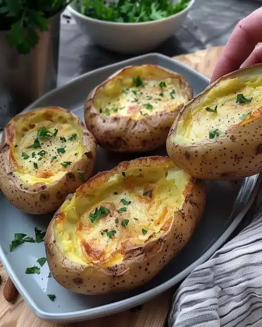 Omelettes pomme de terre servies dans une pomme de terre au four