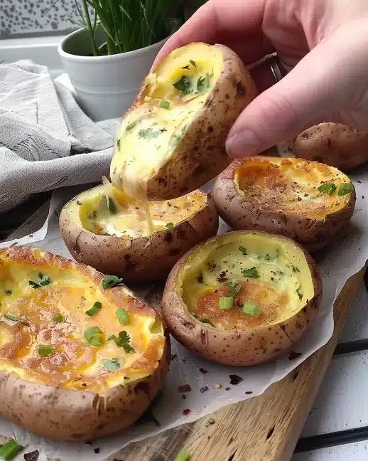 Omelettes Gourmandes servies dans une pomme de terre cuite et garnie
