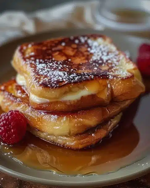 Délicieuse assiette de Pain Perdu Crème Brûlée garnie de caramel croquant.