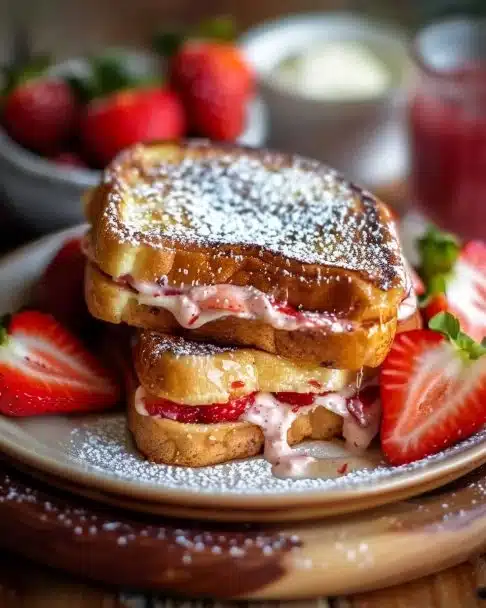 Pain Perdu Farci au Fromage à la Crème et aux Fraises, un dessert gourmand.