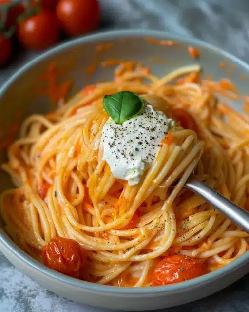 Pâtes garnies de tomates cerises et Burrata fraîches sur une assiette
