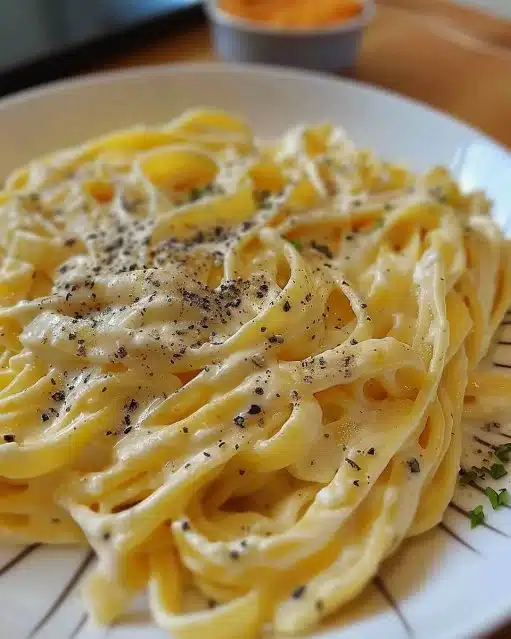 Assiette de pâtes à l'ail crémeuses avec garniture de persil frais