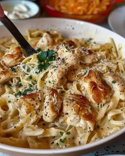 Pâtes au poulet avec ail et parmesan, plat savoureux et réconfortant