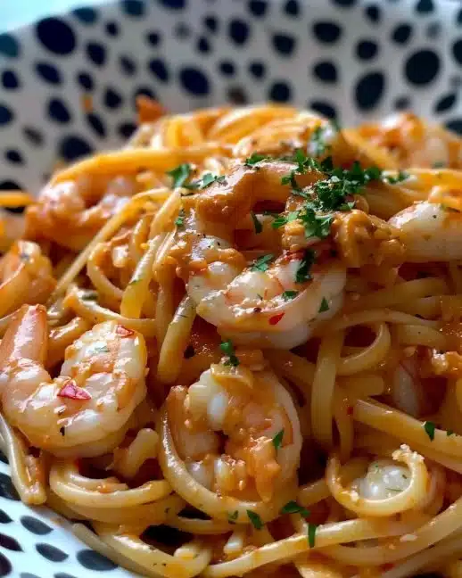Pâtes aux crevettes savoureuses avec sauce délicate et garnitures fraîches