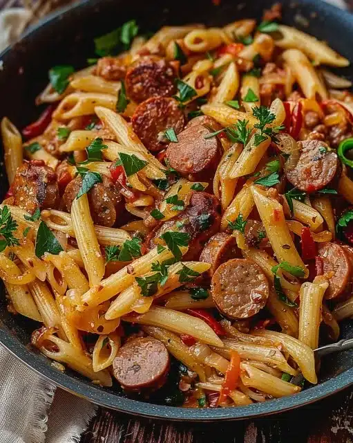 Pâtes cajun aux saucisses, un plat savoureux et épicé.