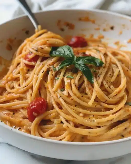 Pâtes crémeux au ricotta, tomates rôties et ail dans un plat délicieusement présenté